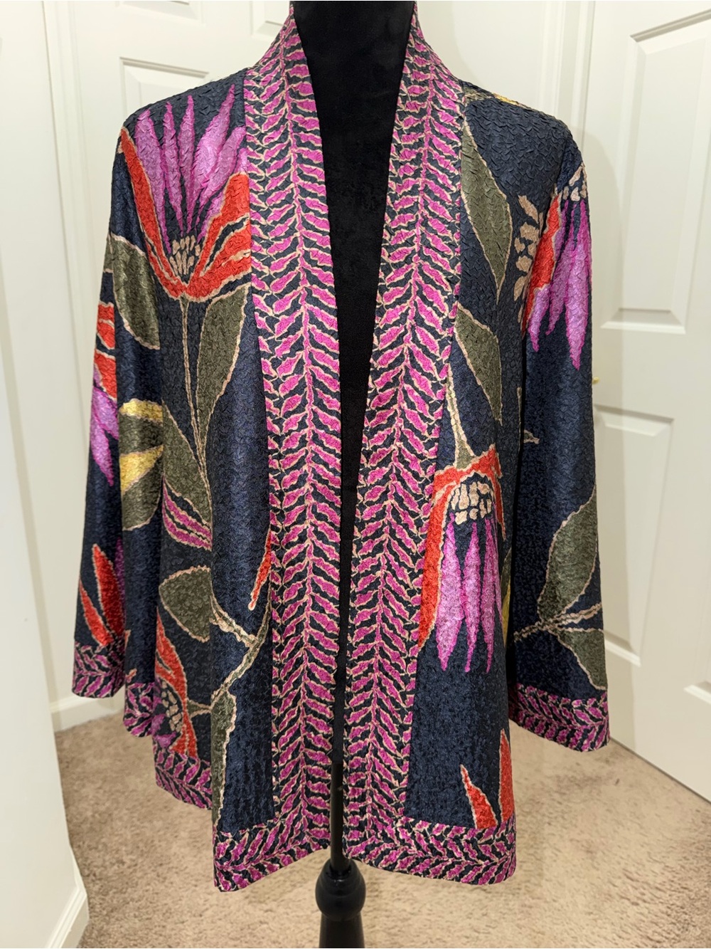 Chico's Floral Open-Front Cardigan in Black, Pink & Green